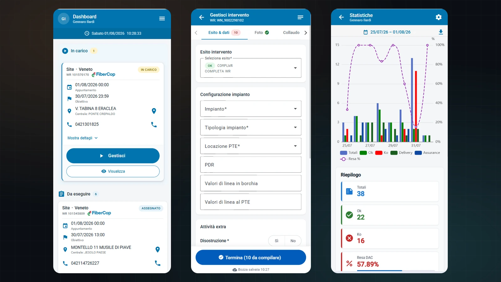 App tecnici Connexon su smartphone: dashboard interventi del giorno, form di chiusura intervento e statistiche personali dell'installatore