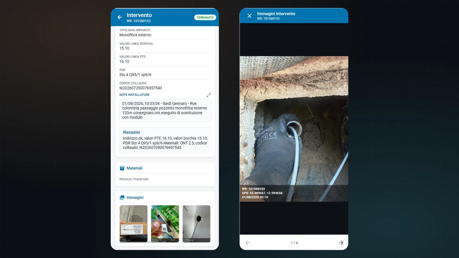 App tecnici Connexon: scheda intervento terminato con note installatore, materiali e foto di collaudo geolocalizzate con GPS e data