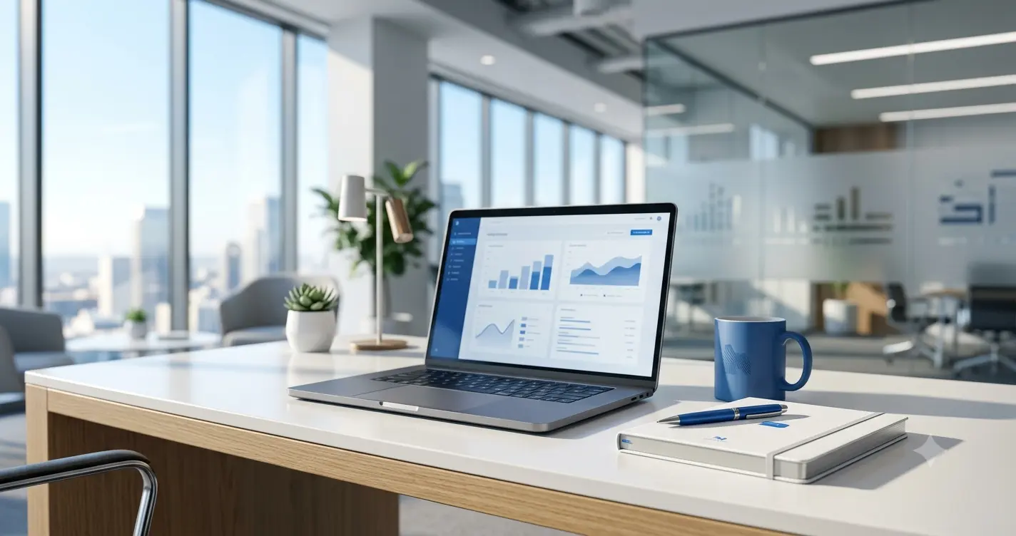 Dashboard di automazione dei processi aziendali su un laptop in un ufficio moderno